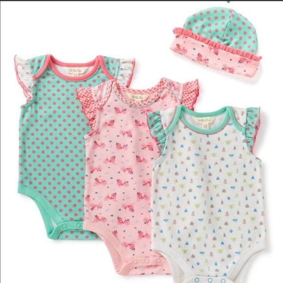 MATILDA JANE 4-PIECE SET 'ROUND TRIP CAMP' REVERSIBLE BODYSUITS & BONNET CLT. - Picture 12 of 16